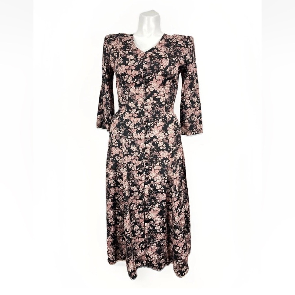 VTG Jody Of California Sz 11 Black Floral Midi Dress Button Front Corset Back